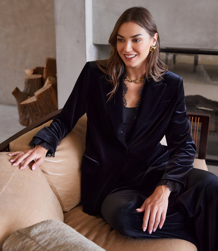 Lace Trim Velvet Blazer
