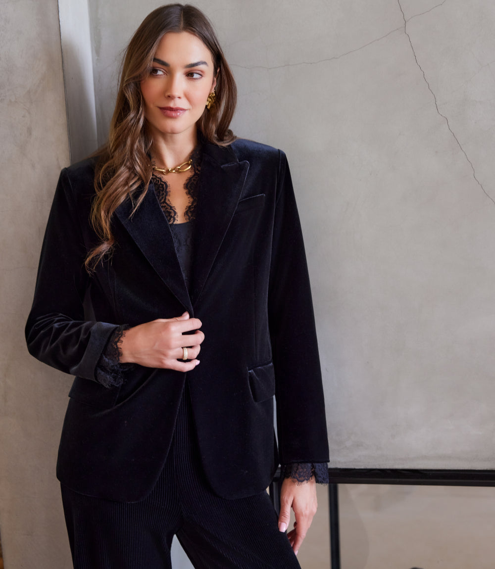 Lace Trim Velvet Blazer