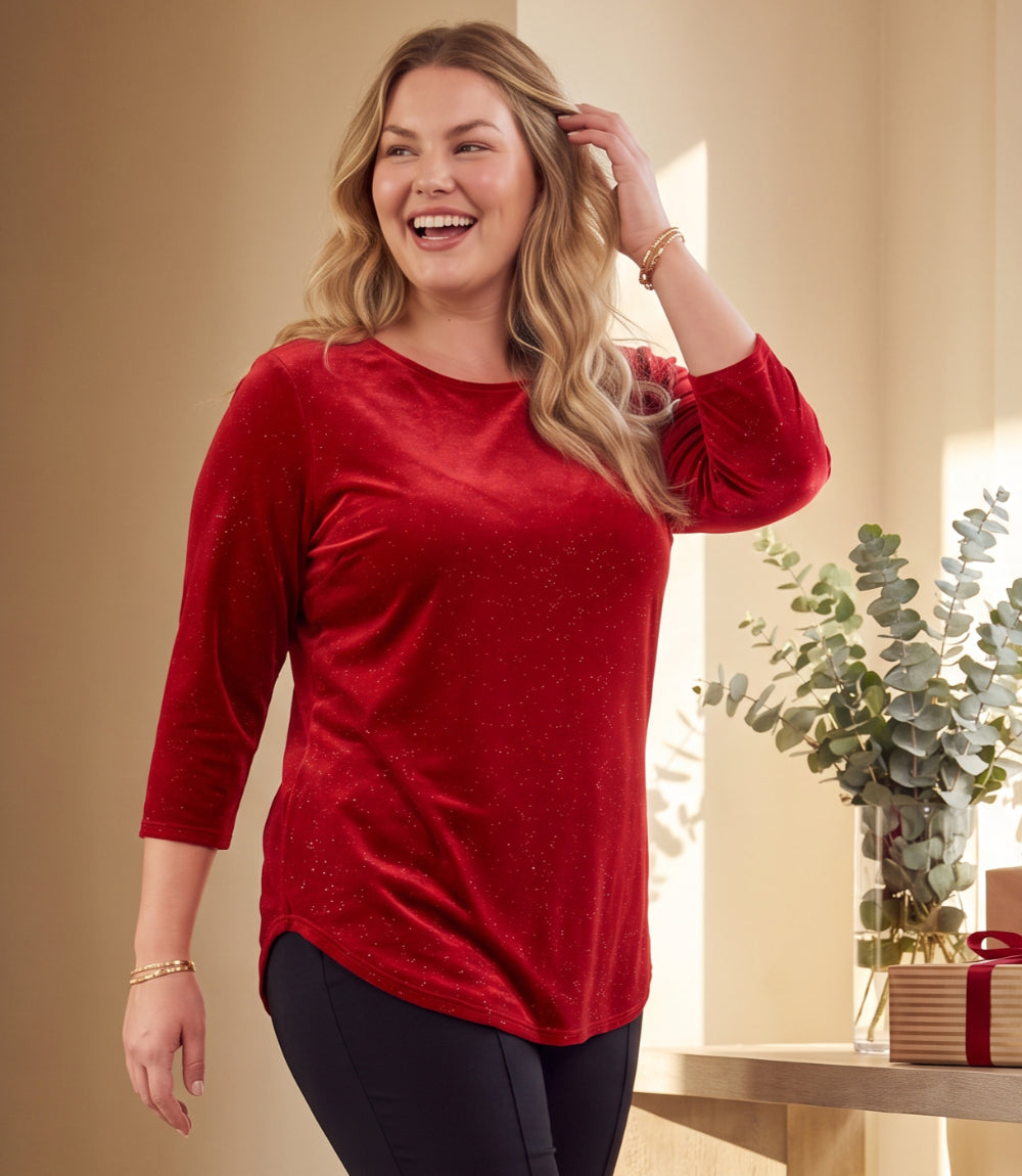 Plus Size Velvet 3/4 Sleeve Sparkle Shirttail Top
