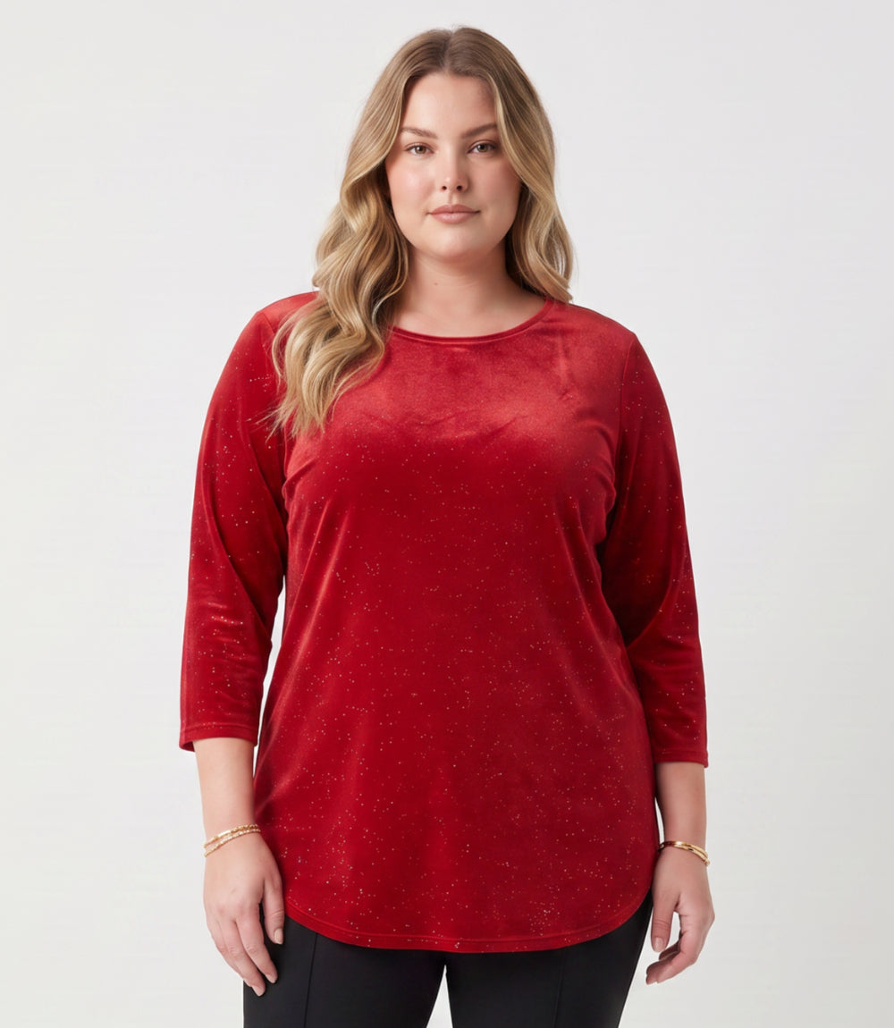 Plus Size Velvet 3/4 Sleeve Sparkle Shirttail Top