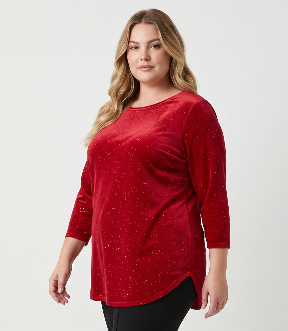 Plus Size Velvet 3/4 Sleeve Sparkle Shirttail Top