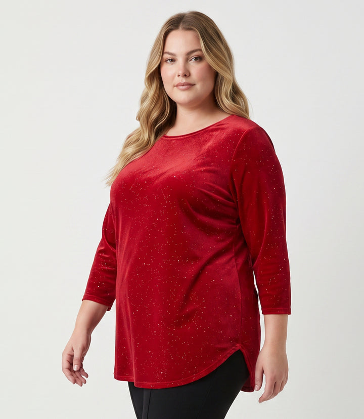 Plus Size Velvet 3/4 Sleeve Sparkle Shirttail Top