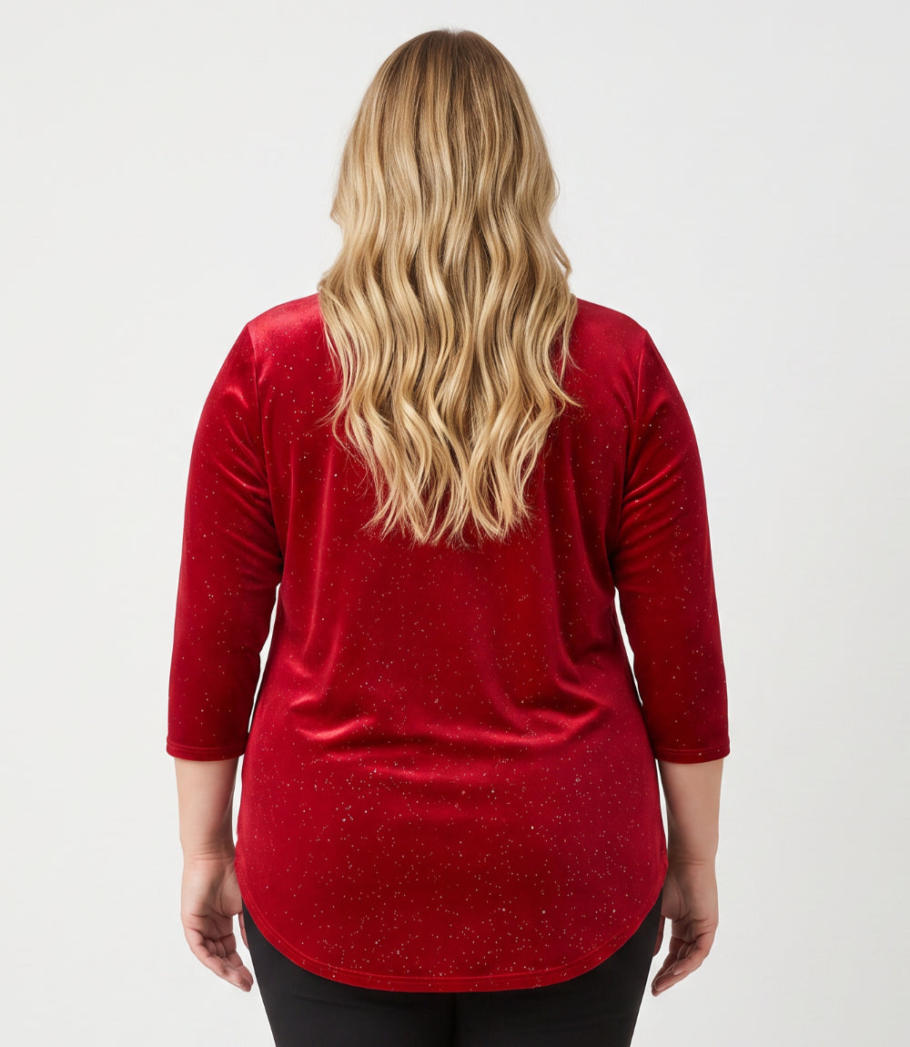 Plus Size Velvet 3/4 Sleeve Sparkle Shirttail Top