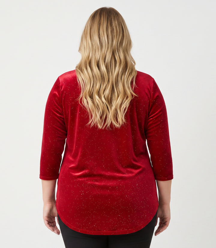Plus Size Velvet 3/4 Sleeve Sparkle Shirttail Top