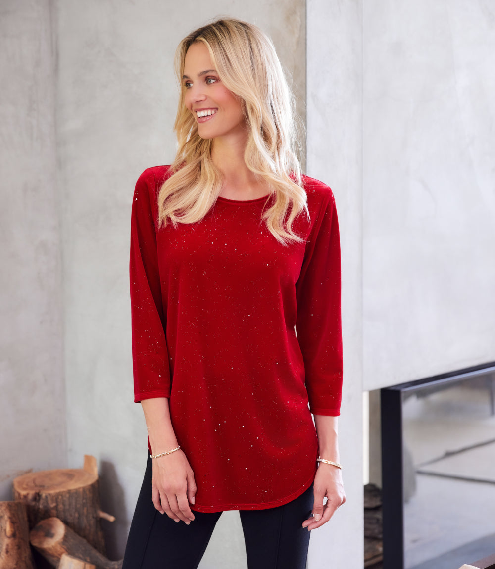 Velvet 3/4 Sleeve Sparkle Shirttail Top