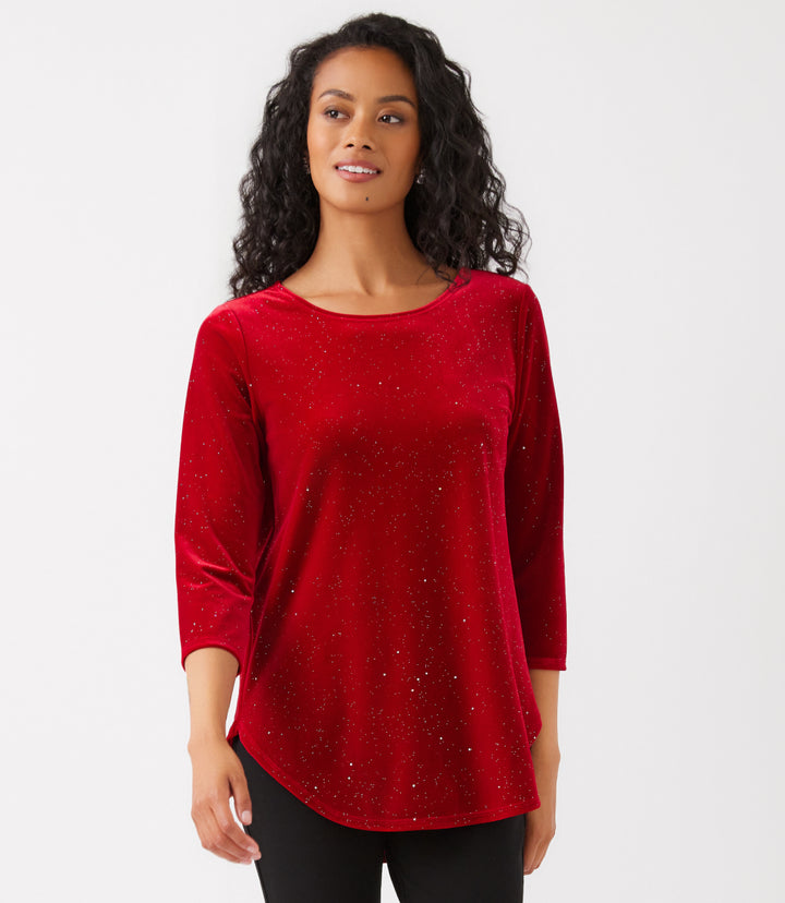 Petite Size Velvet 3/4 Sleeve Sparkle Shirttail Top