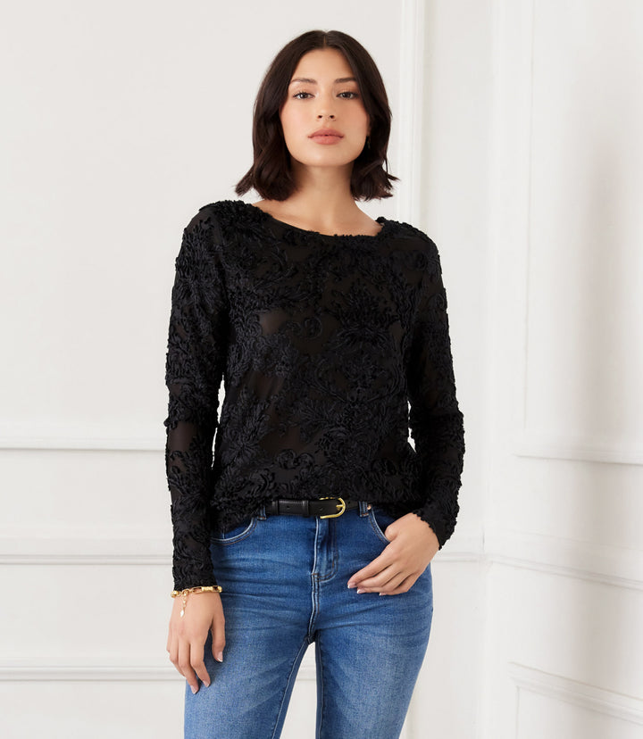 Long Sleeve Velvet Jacquard Shirttail Top