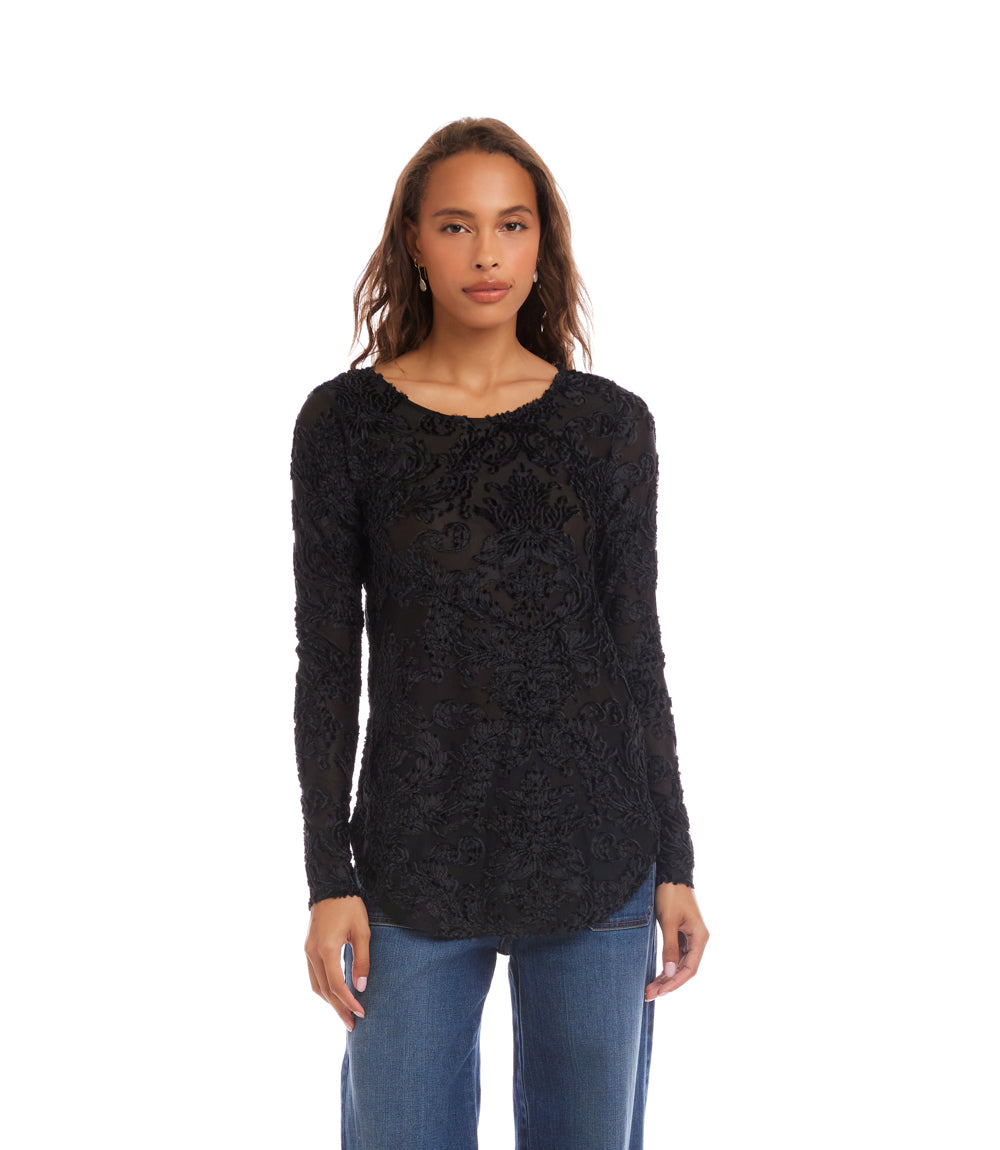 Long Sleeve Velvet Jacquard Shirttail Top