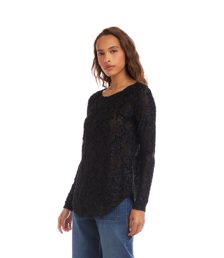 Long Sleeve Velvet Jacquard Shirttail Top