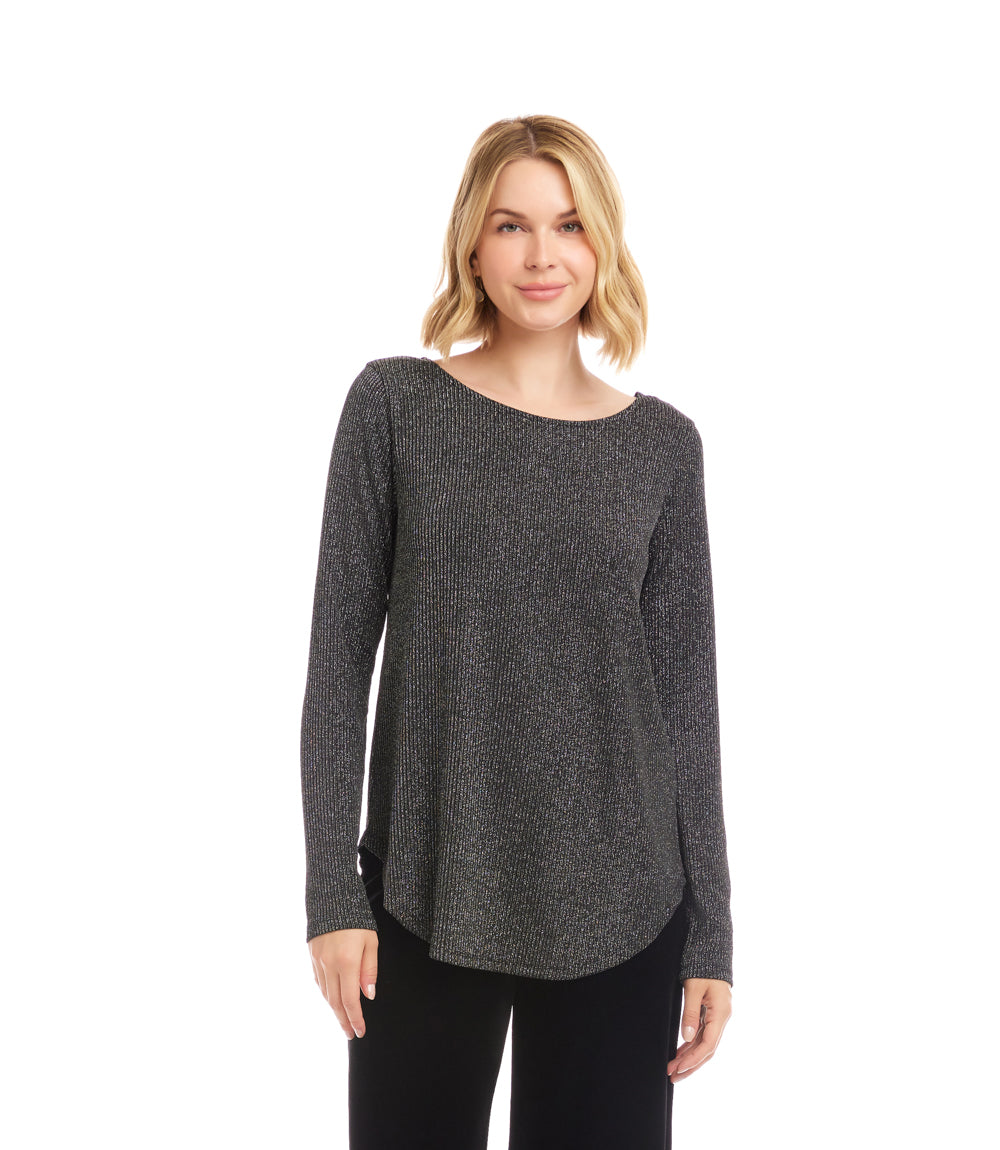 Petite Size Long Sleeve Metallic Stripe Shirttail Top