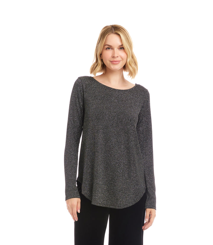 Petite Size Long Sleeve Metallic Stripe Shirttail Top