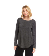 Petite size long sleeve metallic stripe top with scoop neck and curved shirttail hem