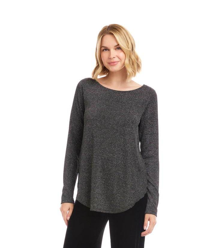 Petite Size Long Sleeve Metallic Stripe Shirttail Top