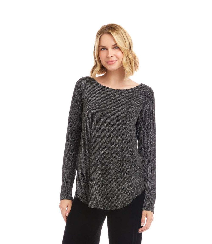 Petite Size Long Sleeve Metallic Stripe Shirttail Top | Elegant