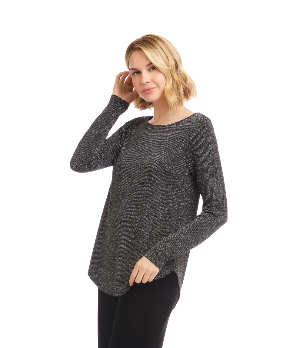 Petite Size Long Sleeve Metallic Stripe Shirttail Top