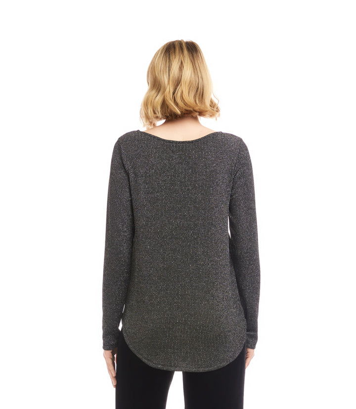 Petite Size Long Sleeve Metallic Stripe Shirttail Top