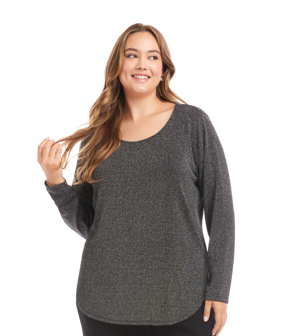 Plus Size Long Sleeve Metallic Stripe Knit Shirttail Top