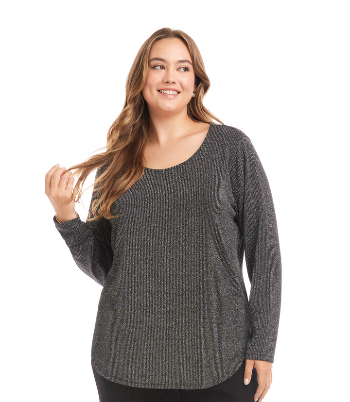 Plus Size Long Sleeve Metallic Stripe Knit Shirttail Top