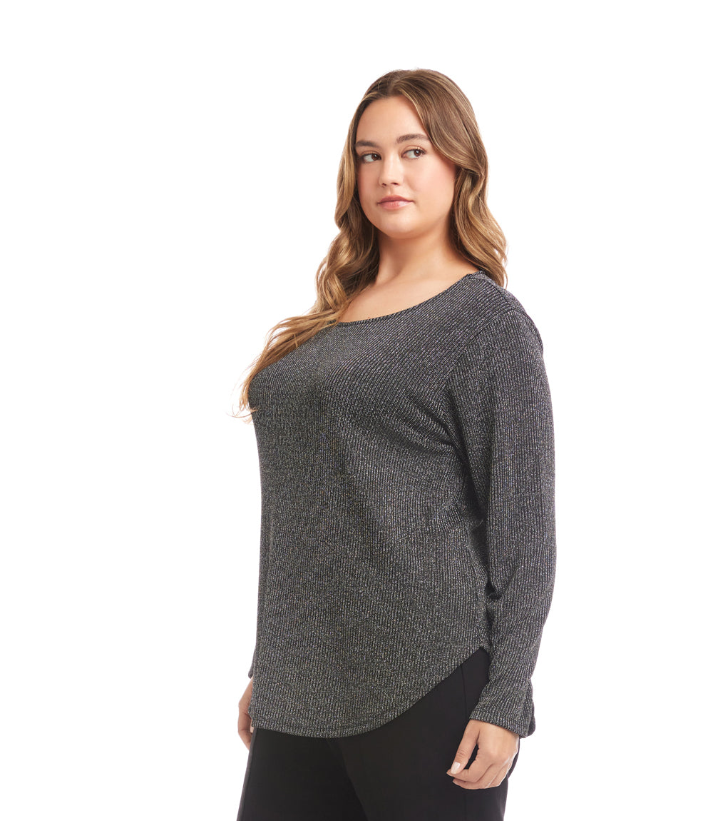 Plus Size Long Sleeve Metallic Stripe Knit Shirttail Top