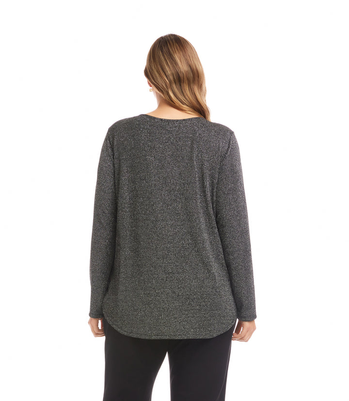 Plus Size Long Sleeve Metallic Stripe Knit Shirttail Top