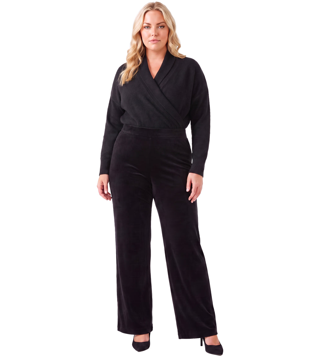 Plus Size Velvet Ribbed Full Length Wide-Leg Pants