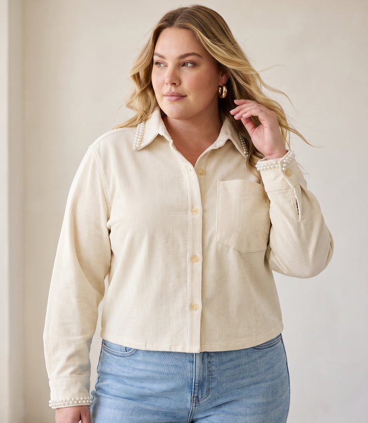 Plus Size Long Sleeve Embellished Corduroy Button-Up Top