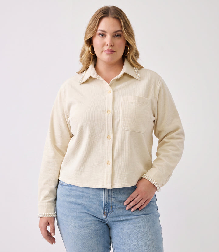 Plus Size Long Sleeve Embellished Corduroy Button-Up Top