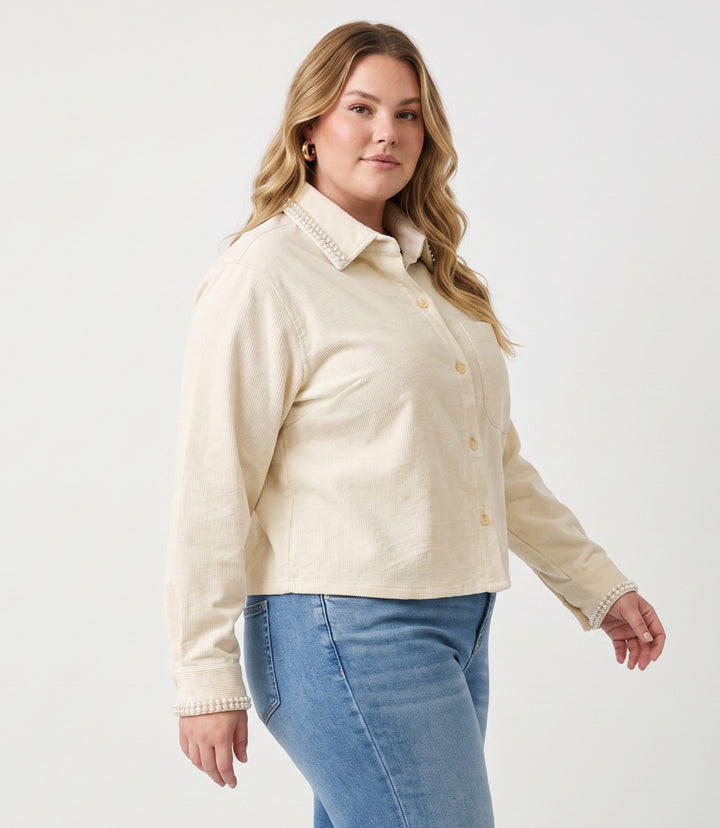 Plus Size Long Sleeve Embellished Corduroy Button-Up Top