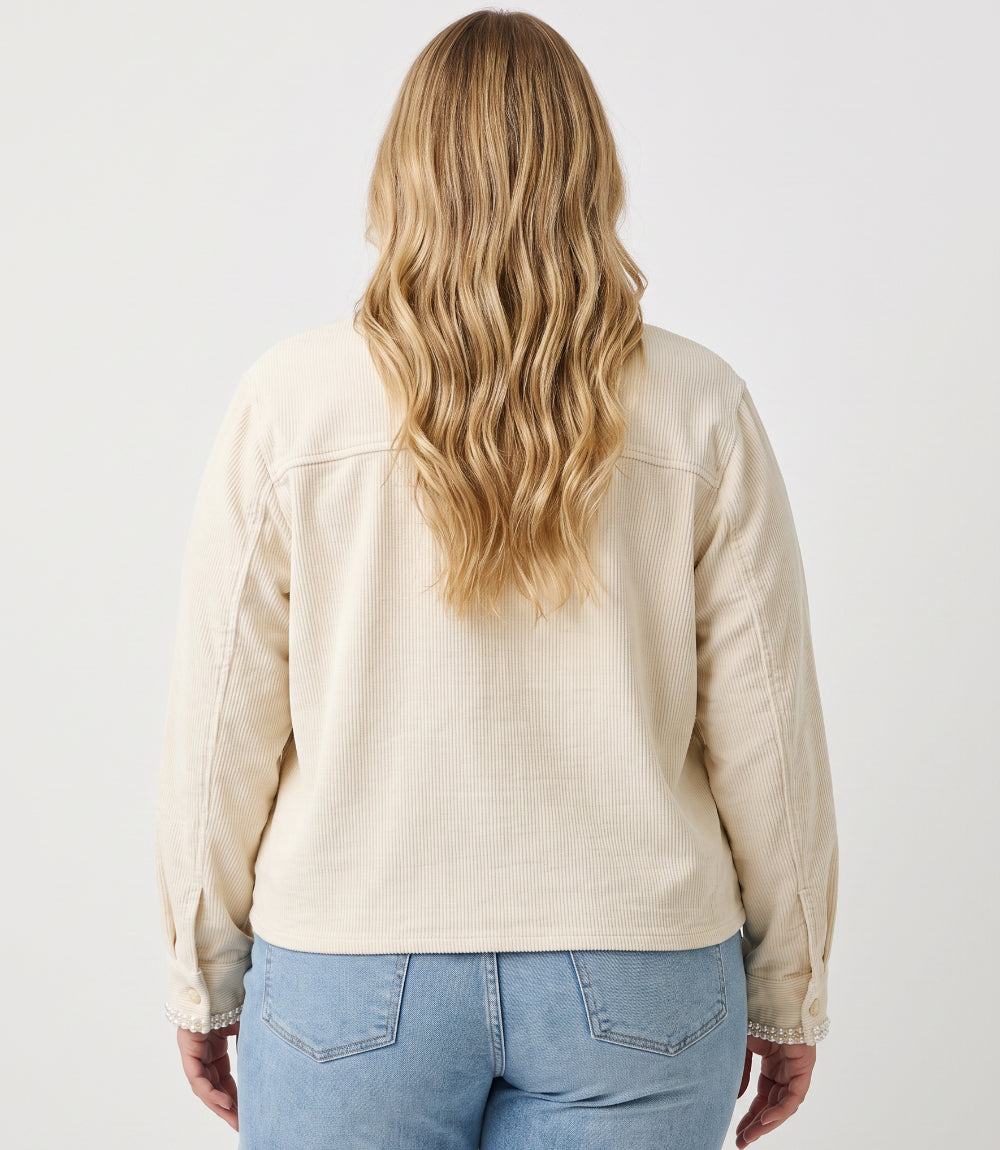 Plus Size Long Sleeve Embellished Corduroy Button-Up Top