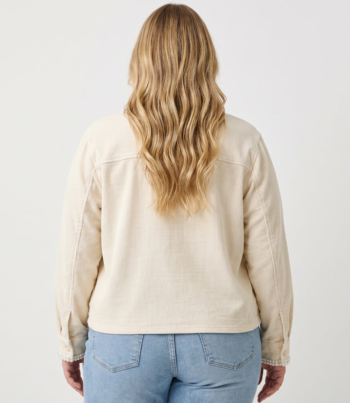 Plus Size Long Sleeve Embellished Corduroy Button-Up Top
