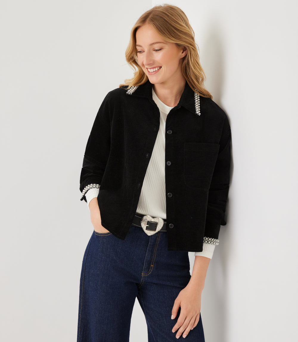 Long Sleeve Embellished Corduroy Button-Up Top