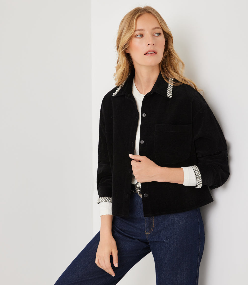 Long Sleeve Embellished Corduroy Button-Up Top