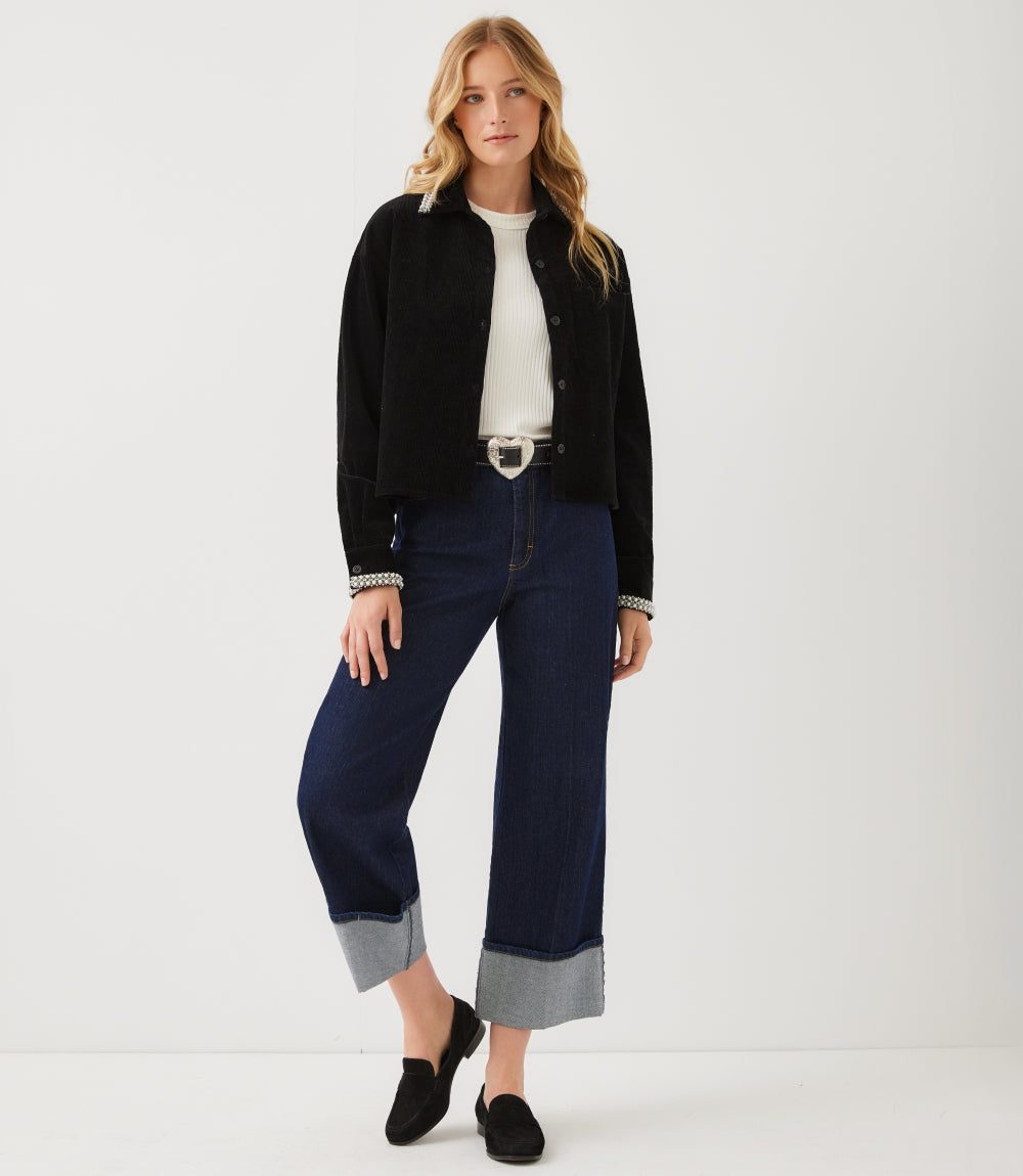 Long Sleeve Embellished Corduroy Button-Up Top
