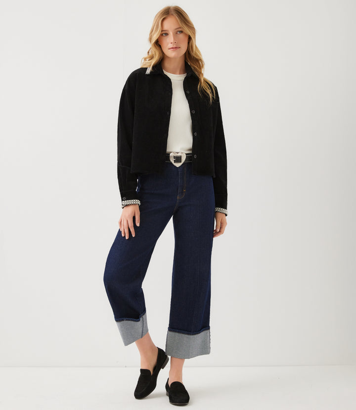 Long Sleeve Embellished Corduroy Button-Up Top