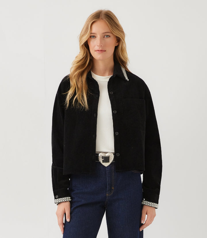 Long Sleeve Embellished Corduroy Button-Up Top