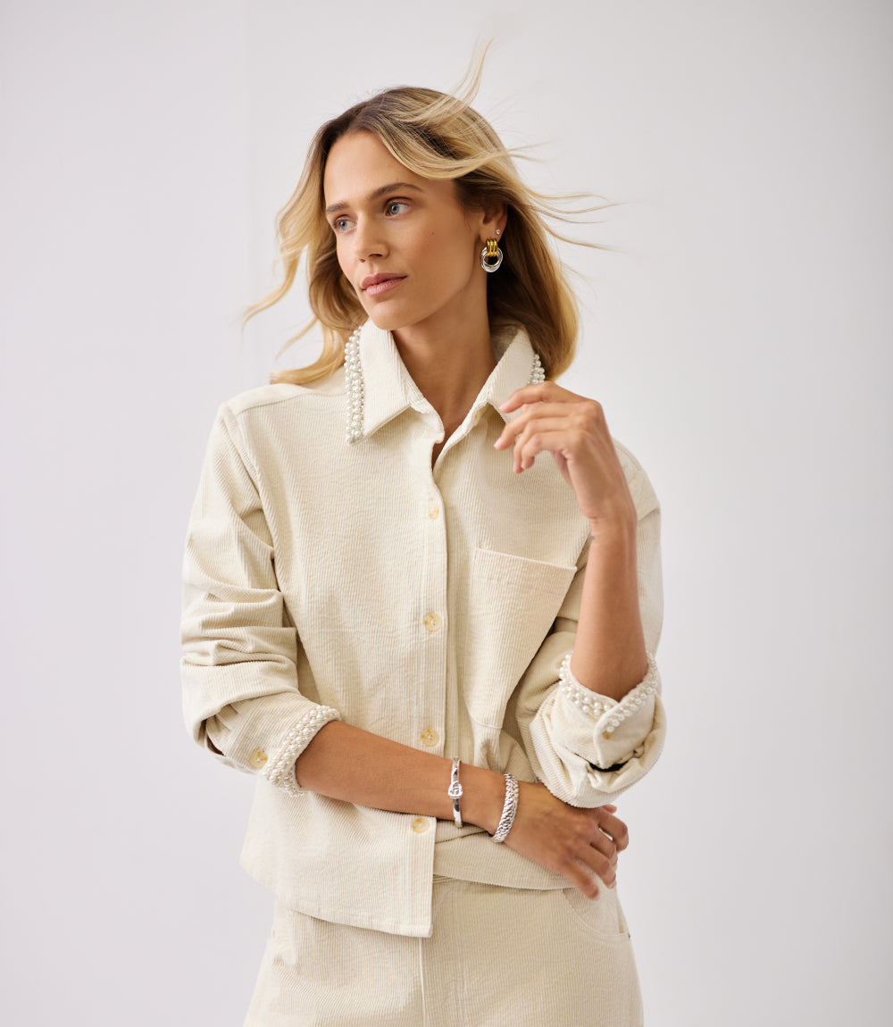 Long Sleeve Embellished Corduroy Button-Up Top