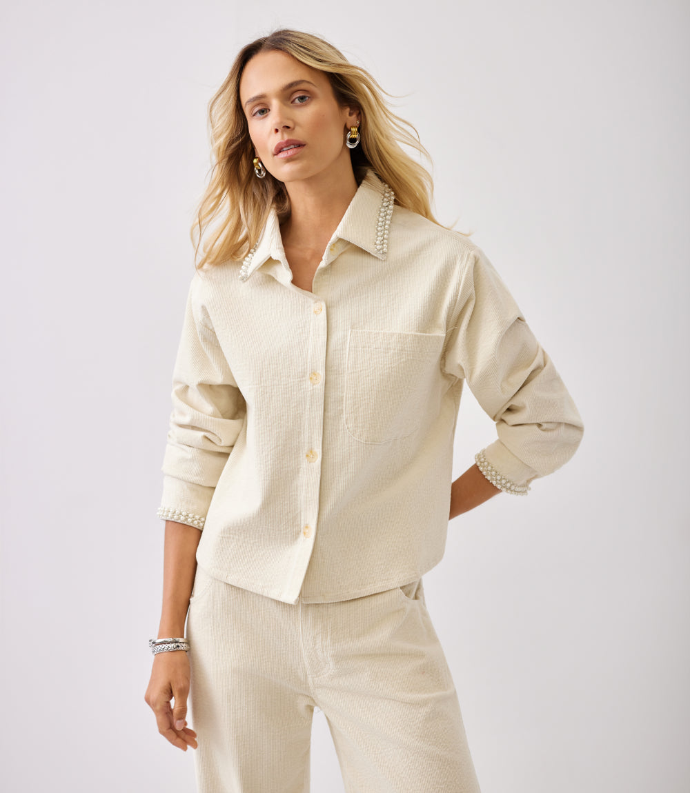 Long Sleeve Embellished Corduroy Button-Up Top