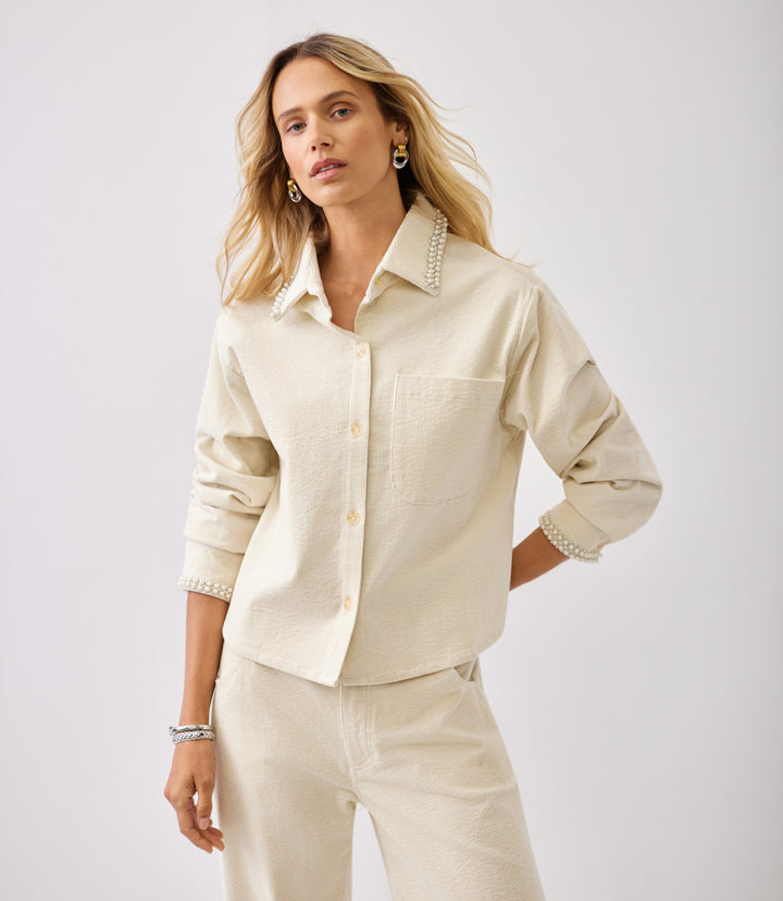 Long Sleeve Embellished Corduroy Button-Up Top