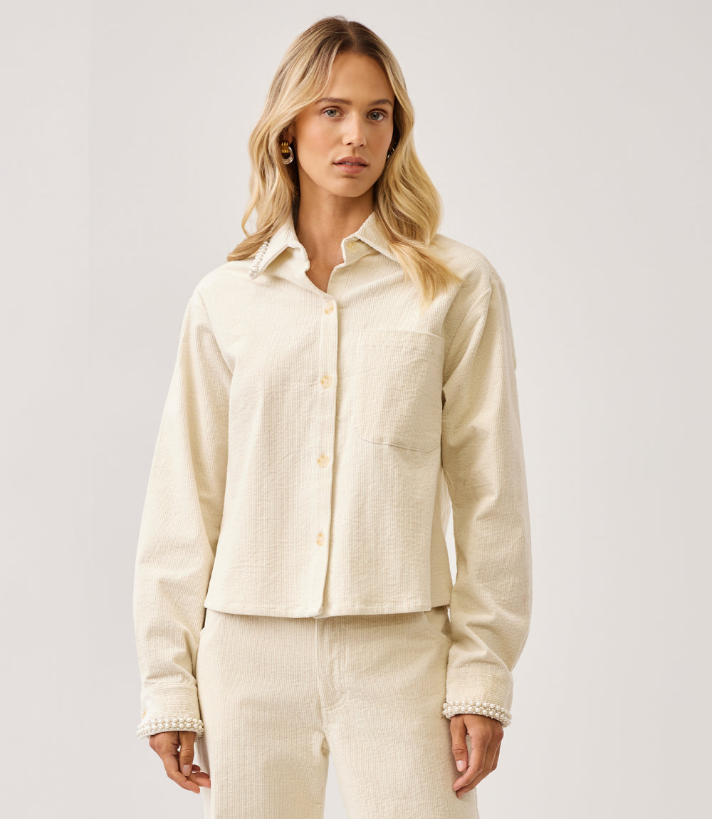Long Sleeve Embellished Corduroy Button-Up Top