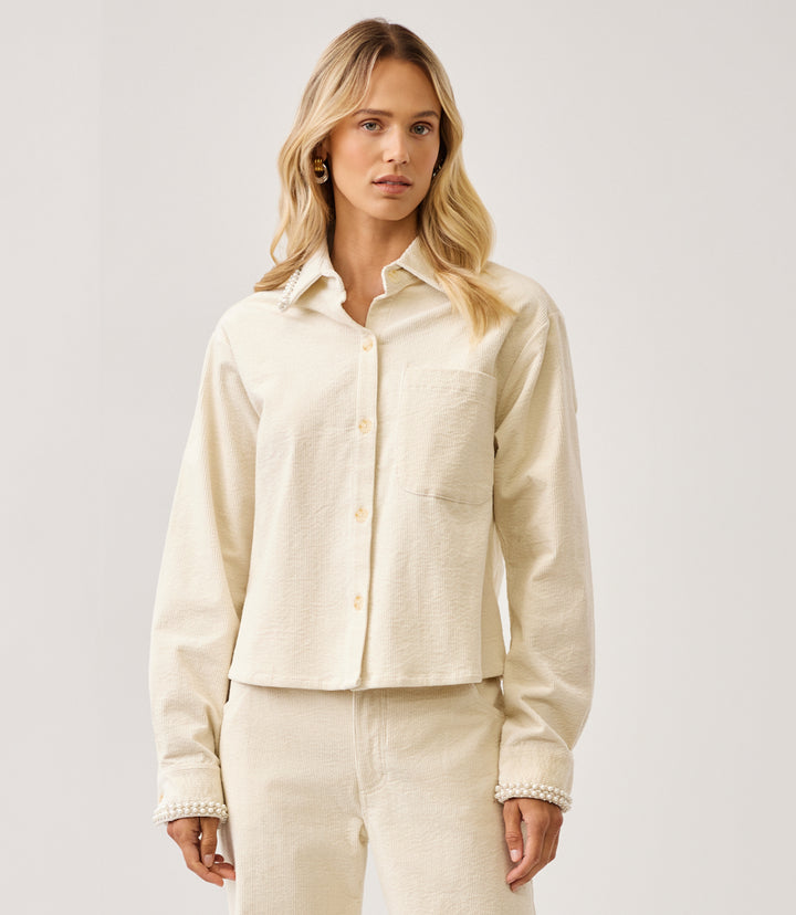 Long Sleeve Embellished Corduroy Button-Up Top