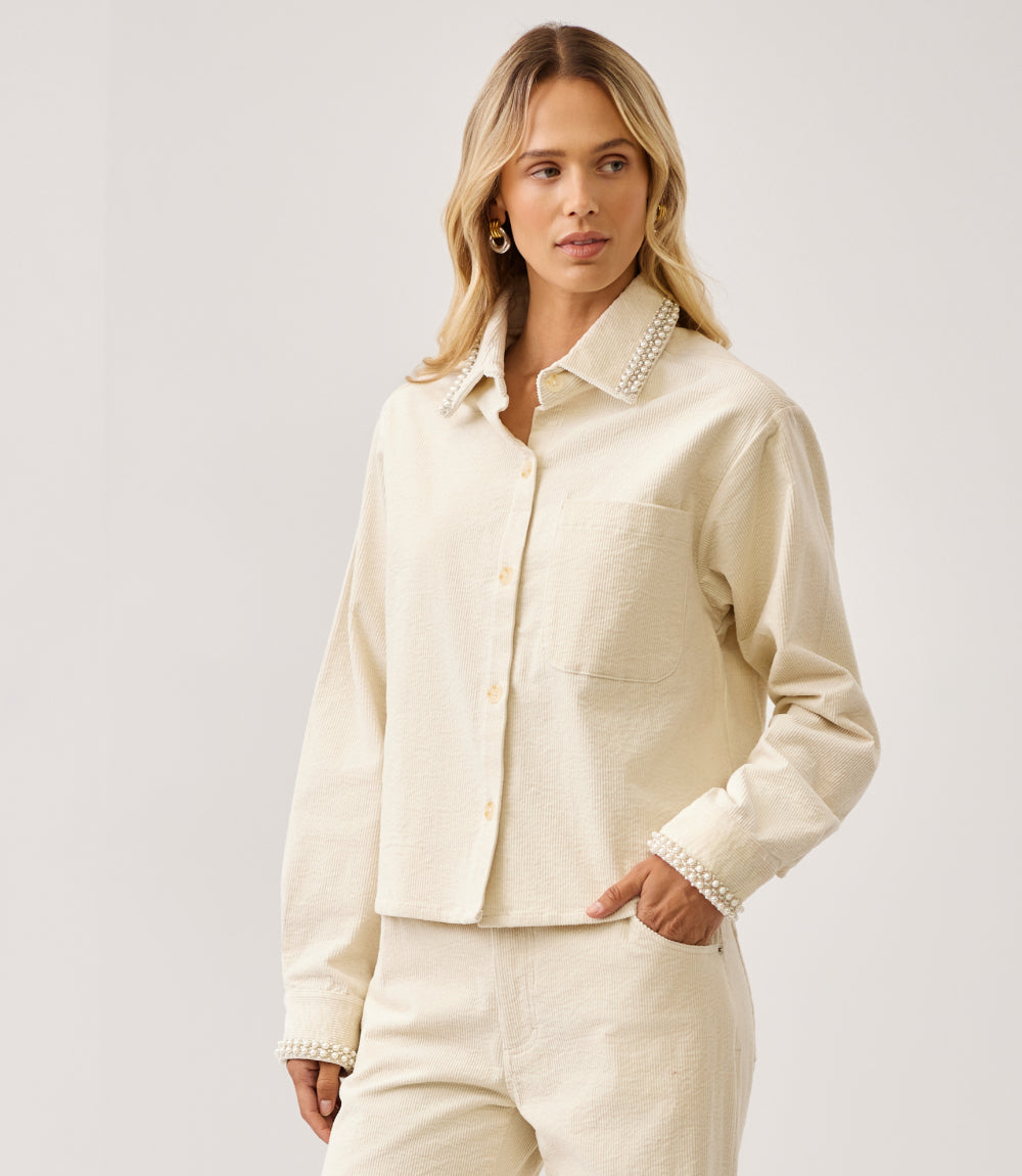 Long Sleeve Embellished Corduroy Button-Up Top