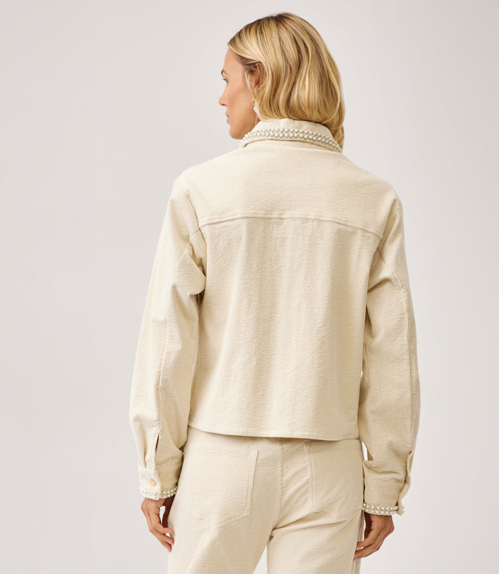 Long Sleeve Embellished Corduroy Button-Up Top