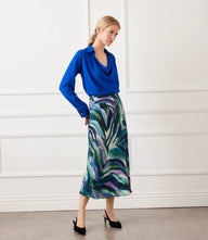 Bias Cut Midi Skirt in blue watercolor crepe with elastic waistband and fluid drape