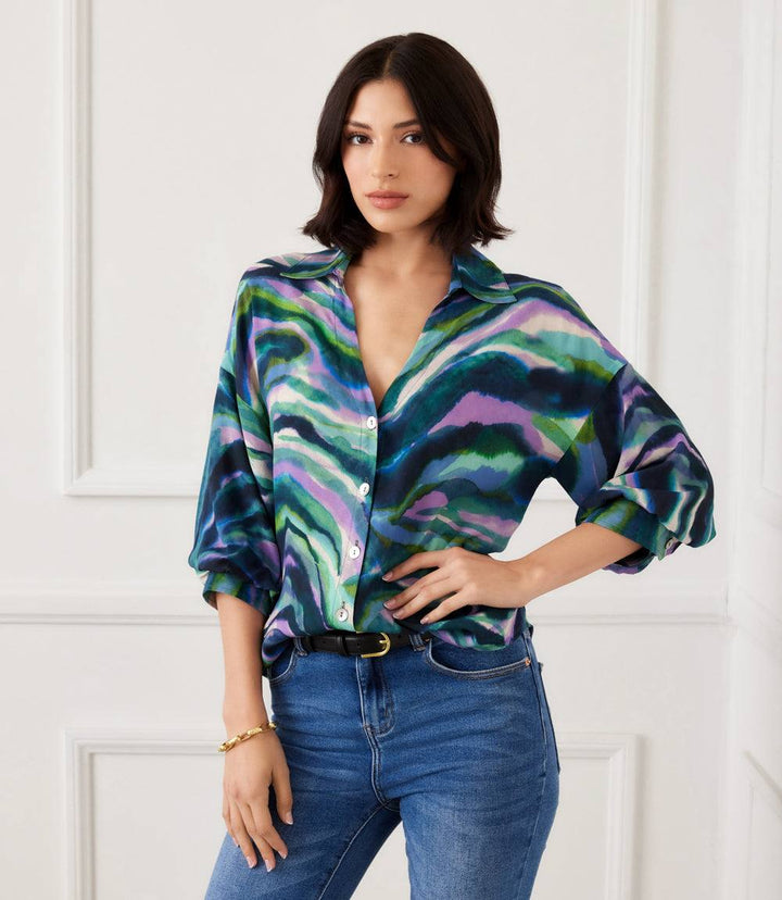 Blue watercolor Lantern Sleeve Button-Front Top with V-neckline and buttoned cuffs