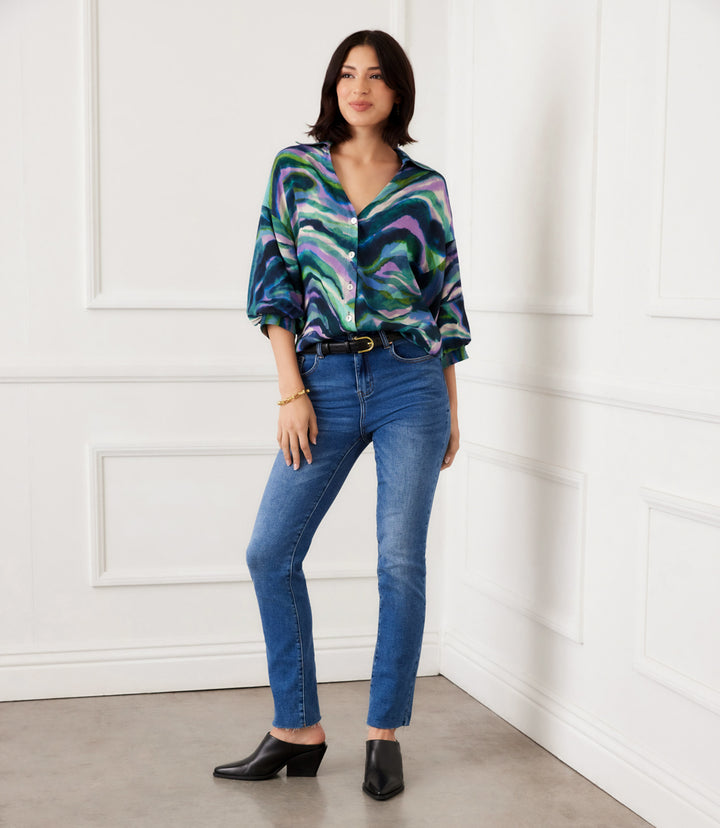 Lantern Sleeve Button-Front  Top