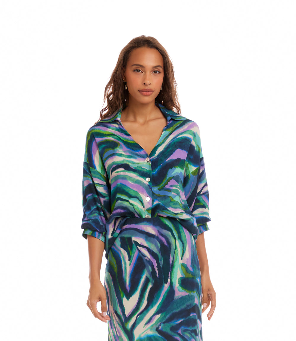 Lantern Sleeve Button-Front  Top