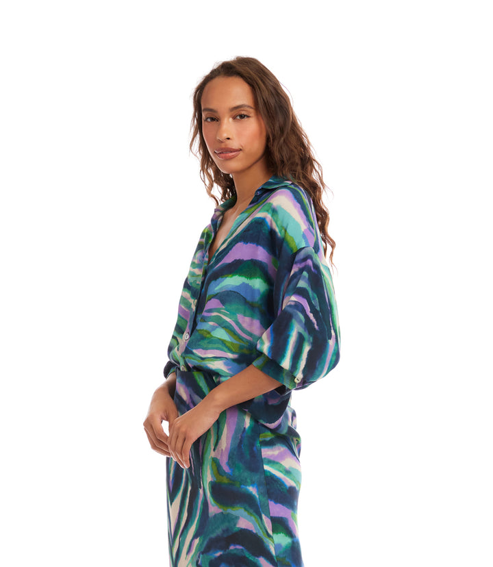 Lantern Sleeve Button-Front  Top