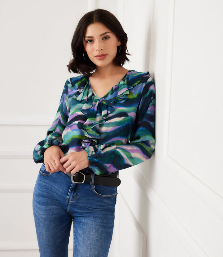 Blouson Sleeve Ruffle Neckline Top