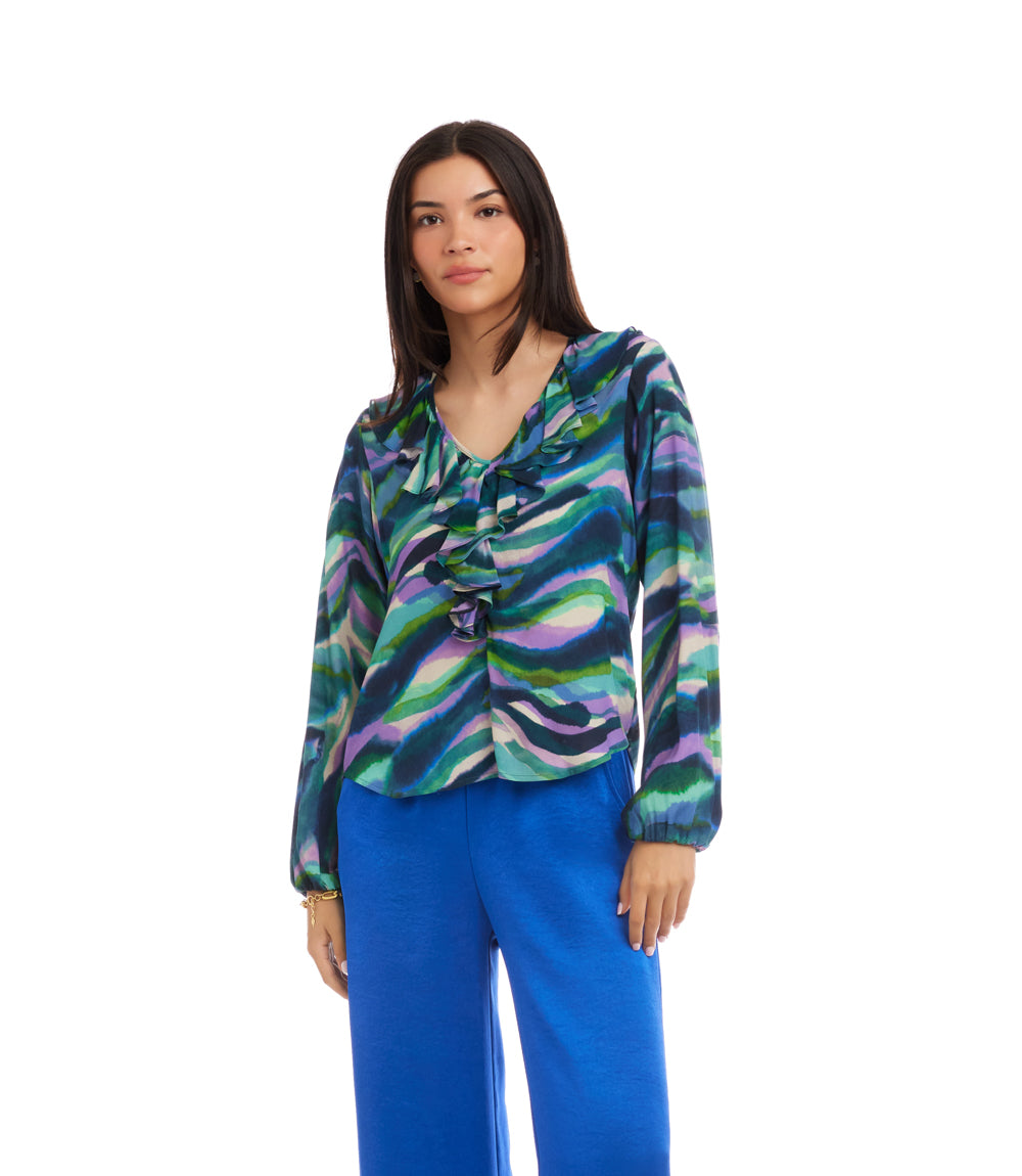 Blouson Sleeve Ruffle Neckline Top