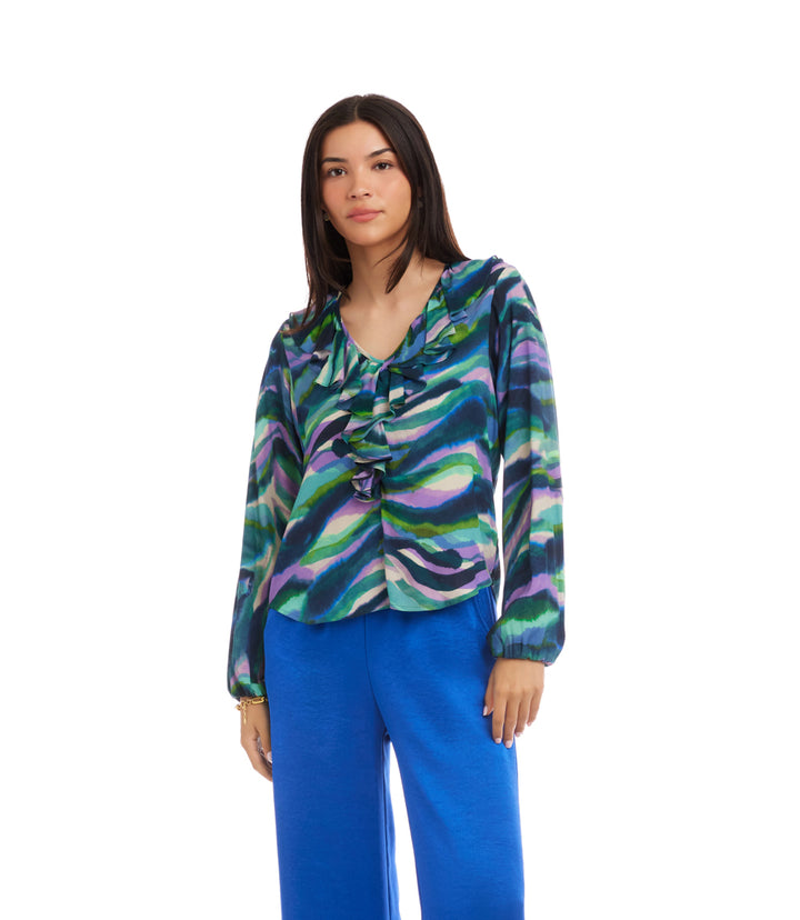 Blouson Sleeve Ruffle Neckline Top